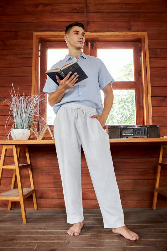 Krasiv Men's 100% Linen Pants Pull On Elastic Waist Drawstring Casual Summer Beach Yoga Loose Fit Baggy Wide Leg