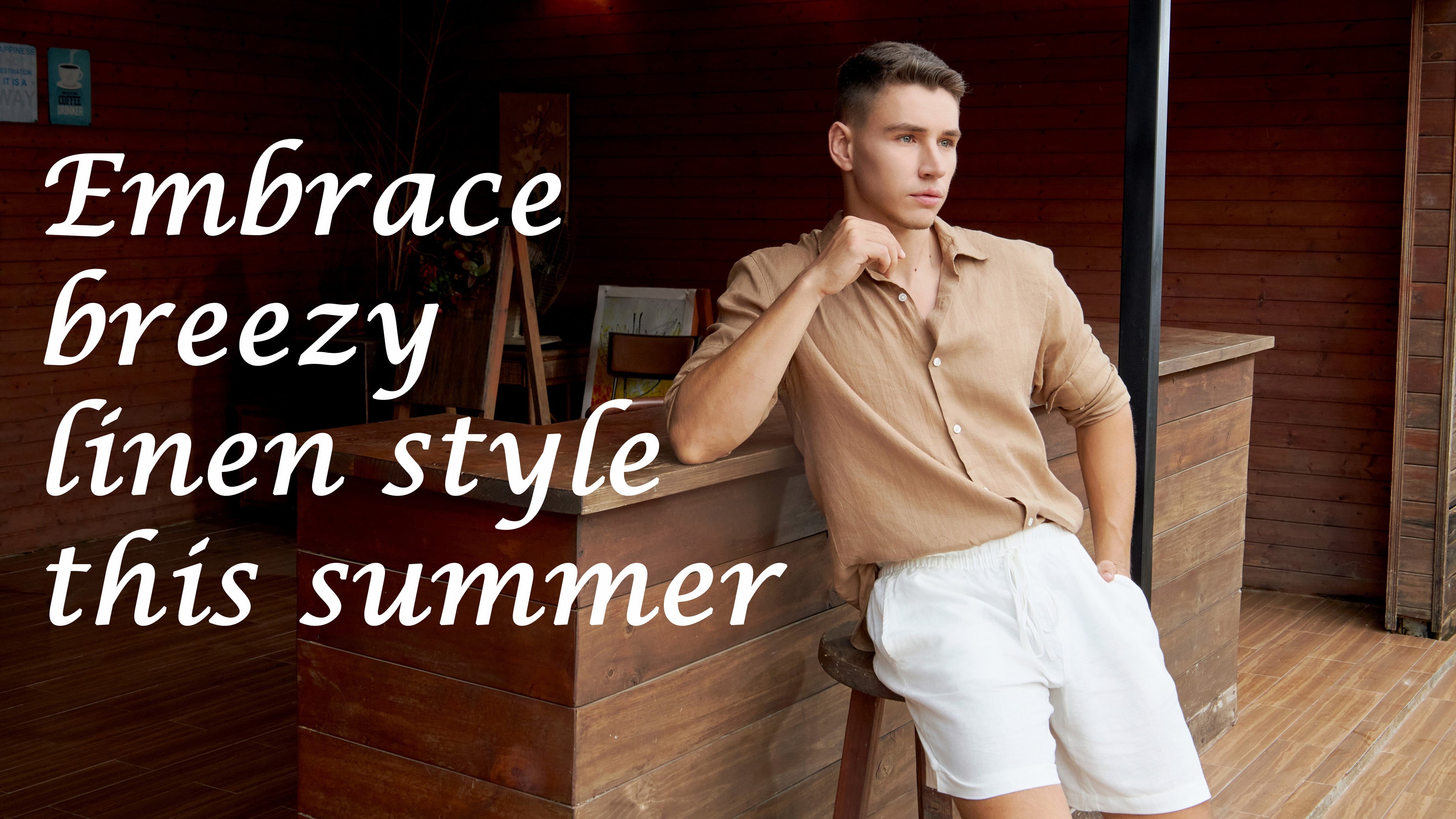 Load video: The video thumbnail shows a man wearing a linen shirt, standing in a serene, garden-like setting. The text overlay reads &#39;Embrace breezy linen style this summer&#39;. The video showcases the lightweight, breathable qualities of the Krasiv linen shirt, highlighting its versatility and ability to keep the wearer cool and comfortable in warm weather conditions.